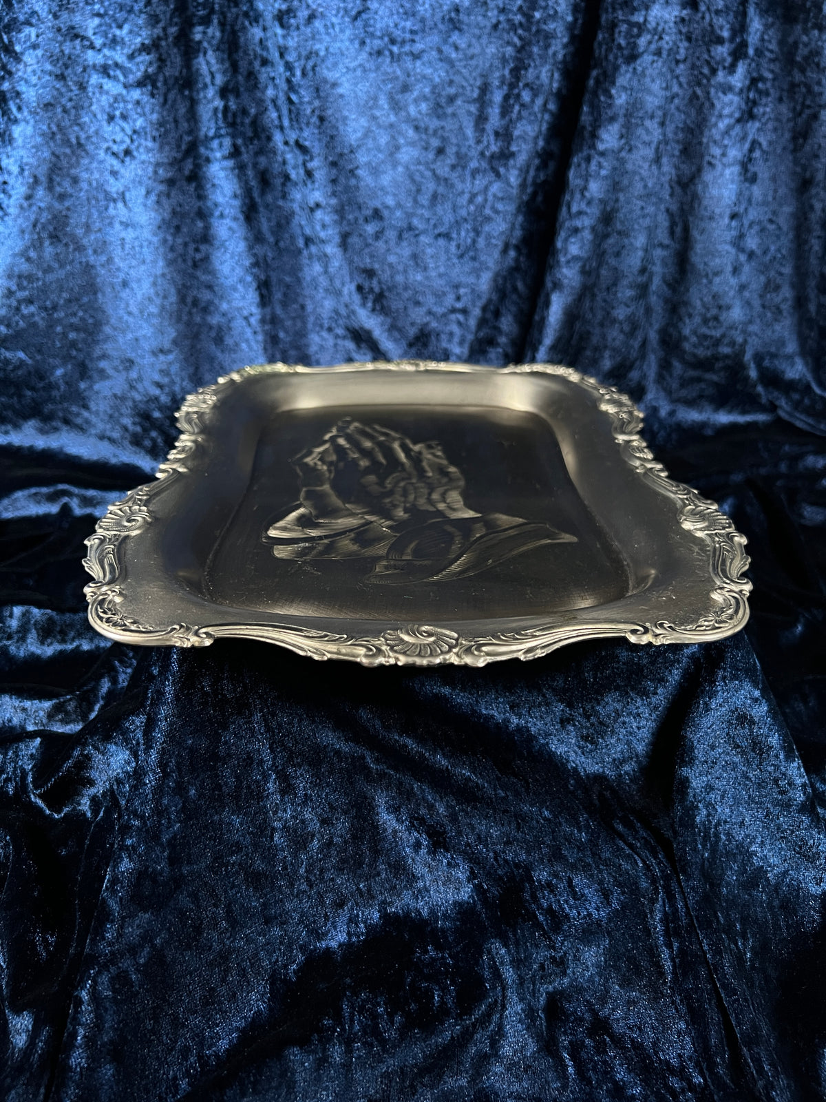 Vintage Silver Metal Vanity Tray - Sacred Praying Hands and Ornate Border
