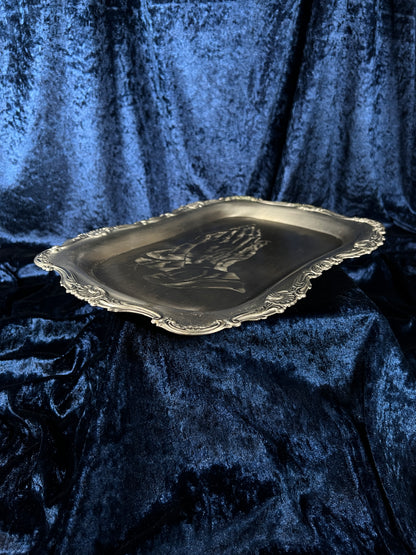 Vintage Silver Metal Vanity Tray - Sacred Praying Hands and Ornate Border