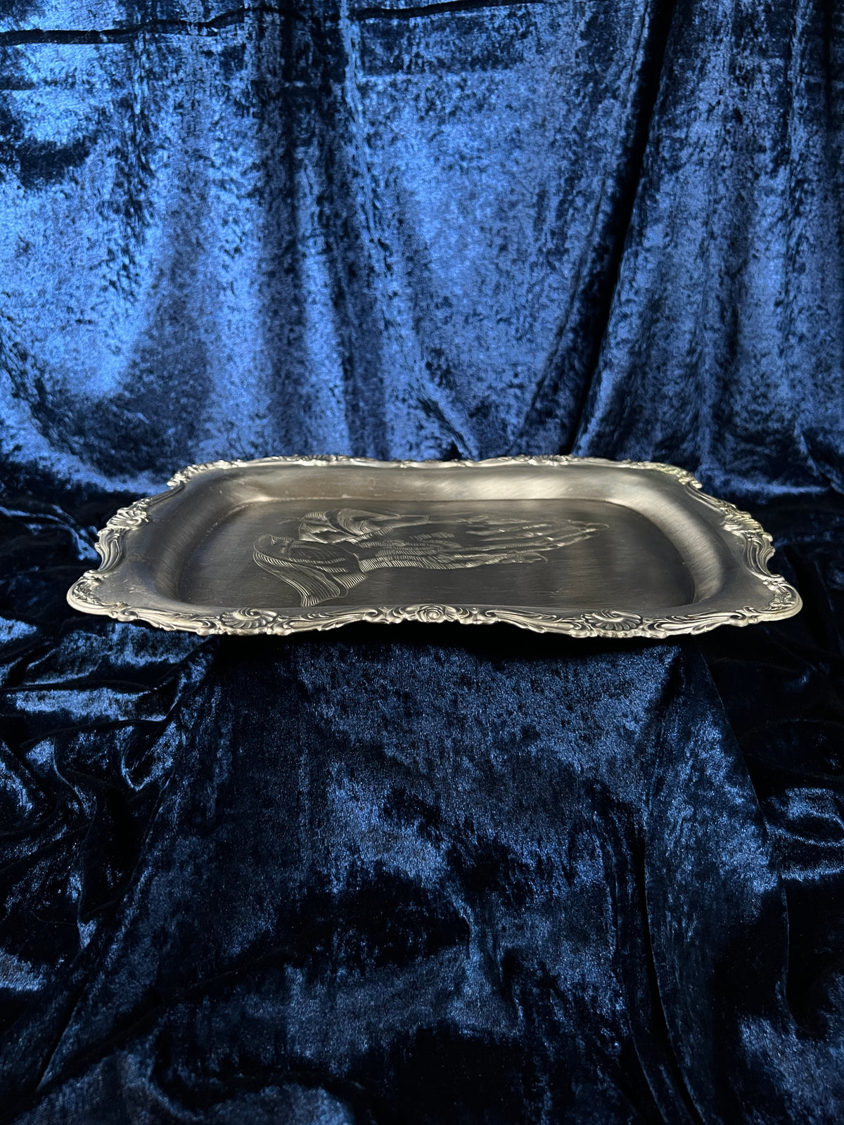 Vintage Silver Metal Vanity Tray - Sacred Praying Hands and Ornate Border