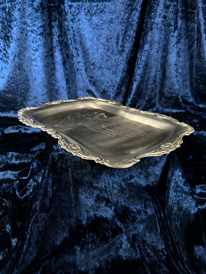 Vintage Silver Metal Vanity Tray - Sacred Praying Hands and Ornate Border