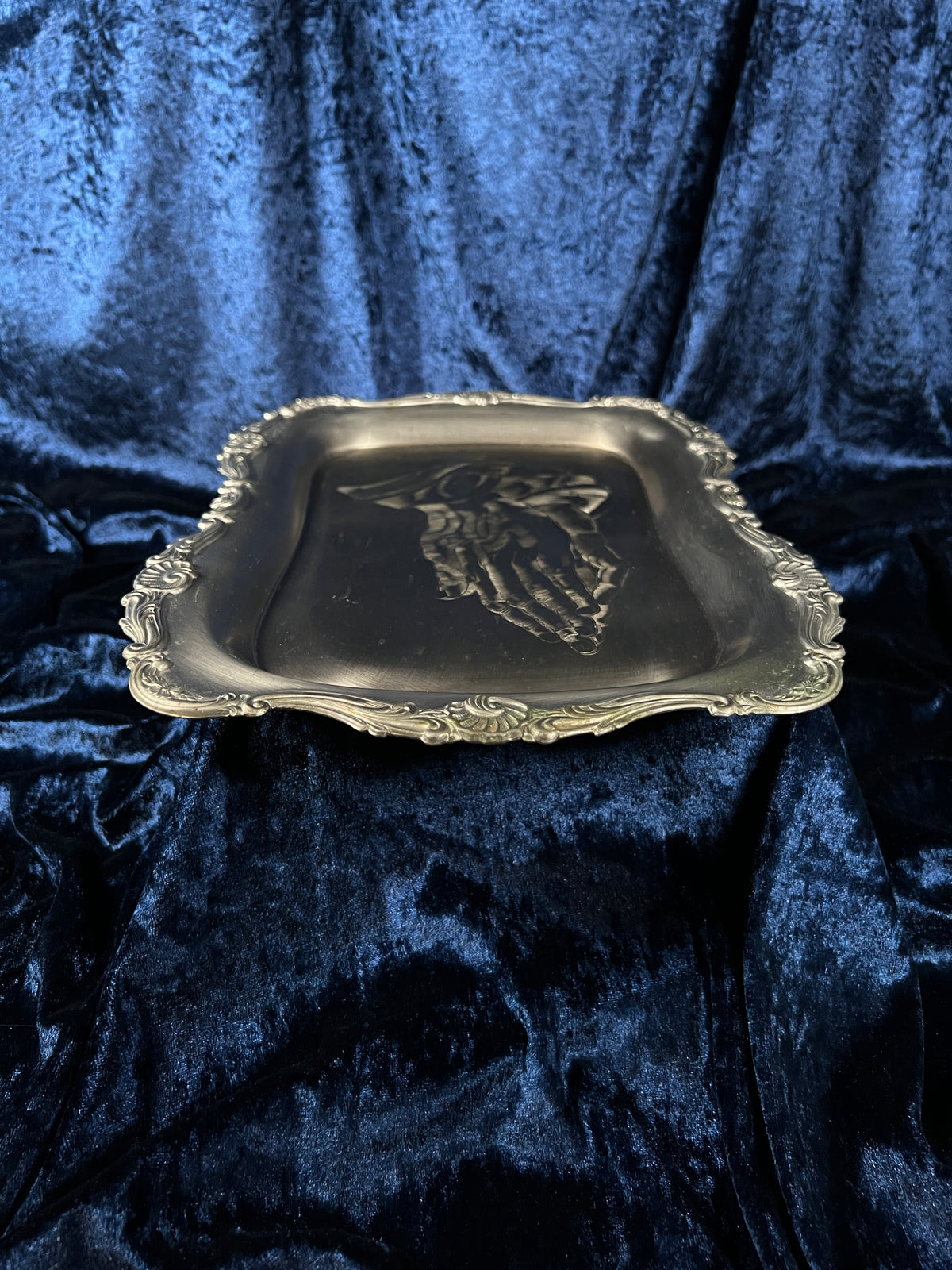 Vintage Silver Metal Vanity Tray - Sacred Praying Hands and Ornate Border