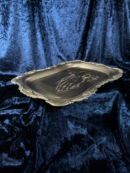 Vintage Silver Metal Vanity Tray - Sacred Praying Hands and Ornate Border