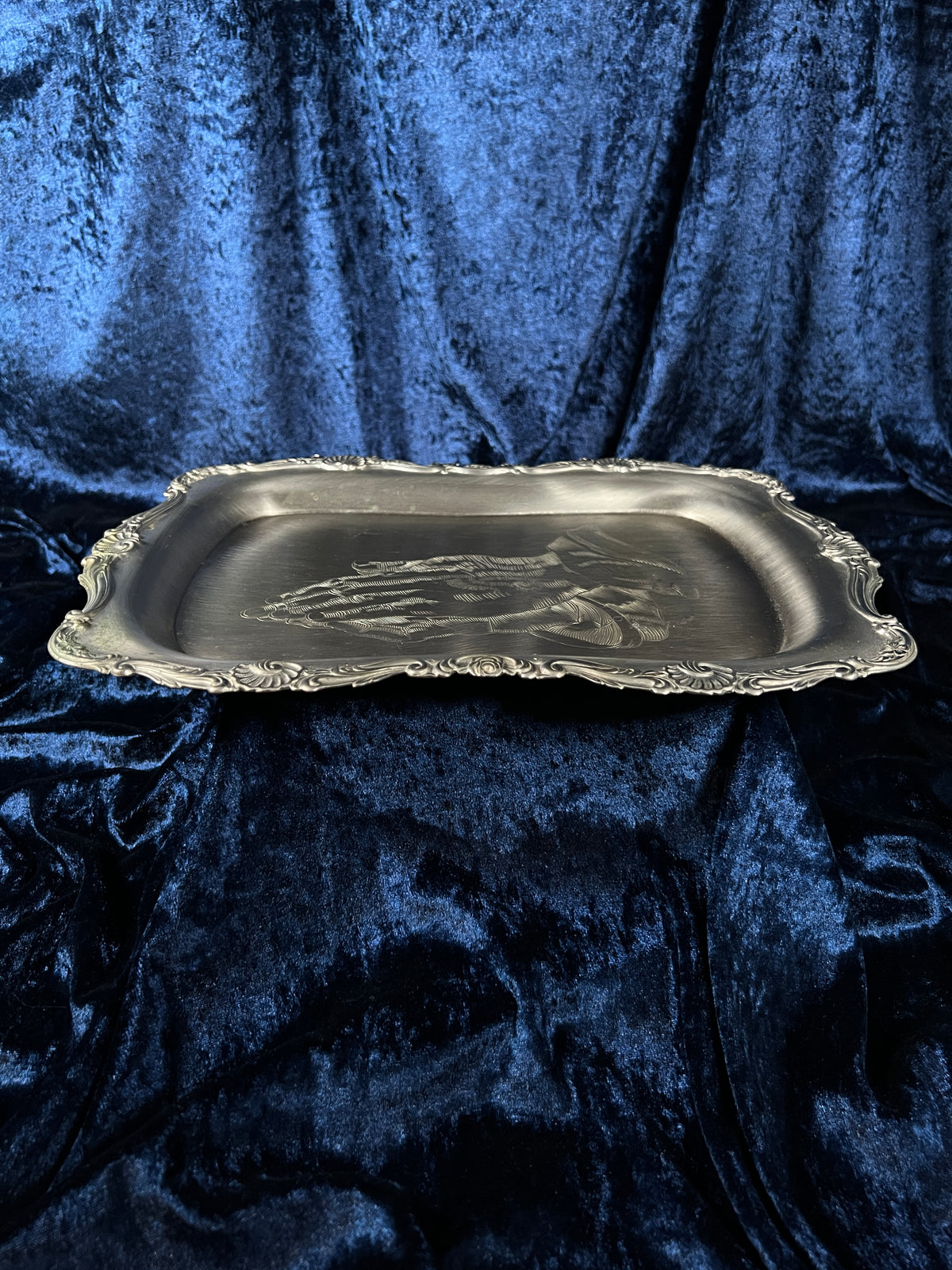 Vintage Silver Metal Vanity Tray - Sacred Praying Hands and Ornate Border