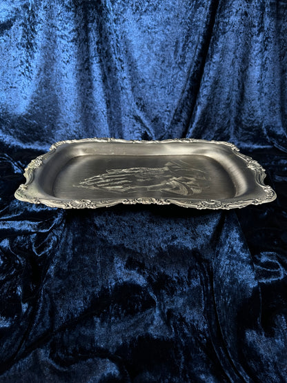 Vintage Silver Metal Vanity Tray - Sacred Praying Hands and Ornate Border