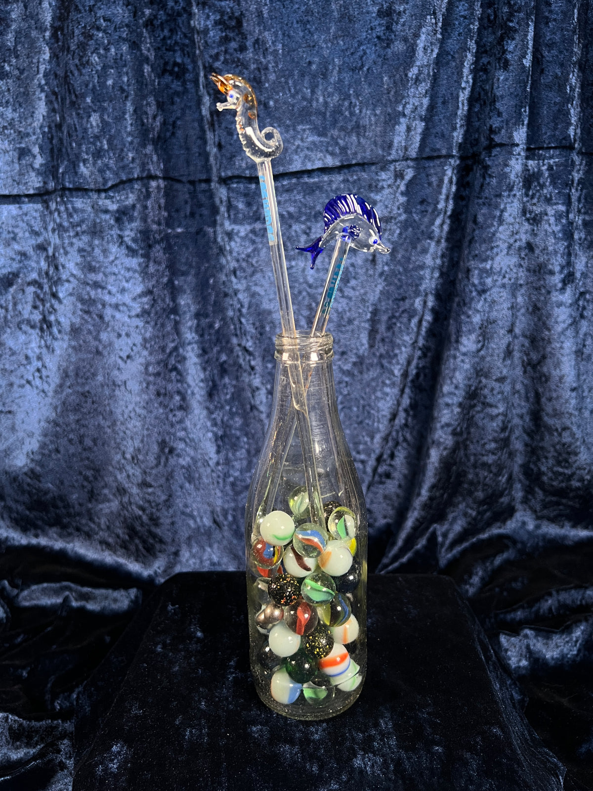 Vintage Glass Bottle with Marbles - Seahorse Stirrers and Novelty Barware Set