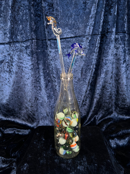Vintage Glass Bottle with Marbles - Seahorse Stirrers and Novelty Barware Set