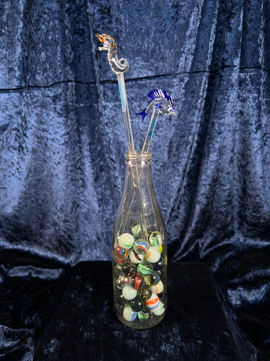 Vintage Glass Bottle with Marbles - Seahorse Stirrers and Novelty Barware Set