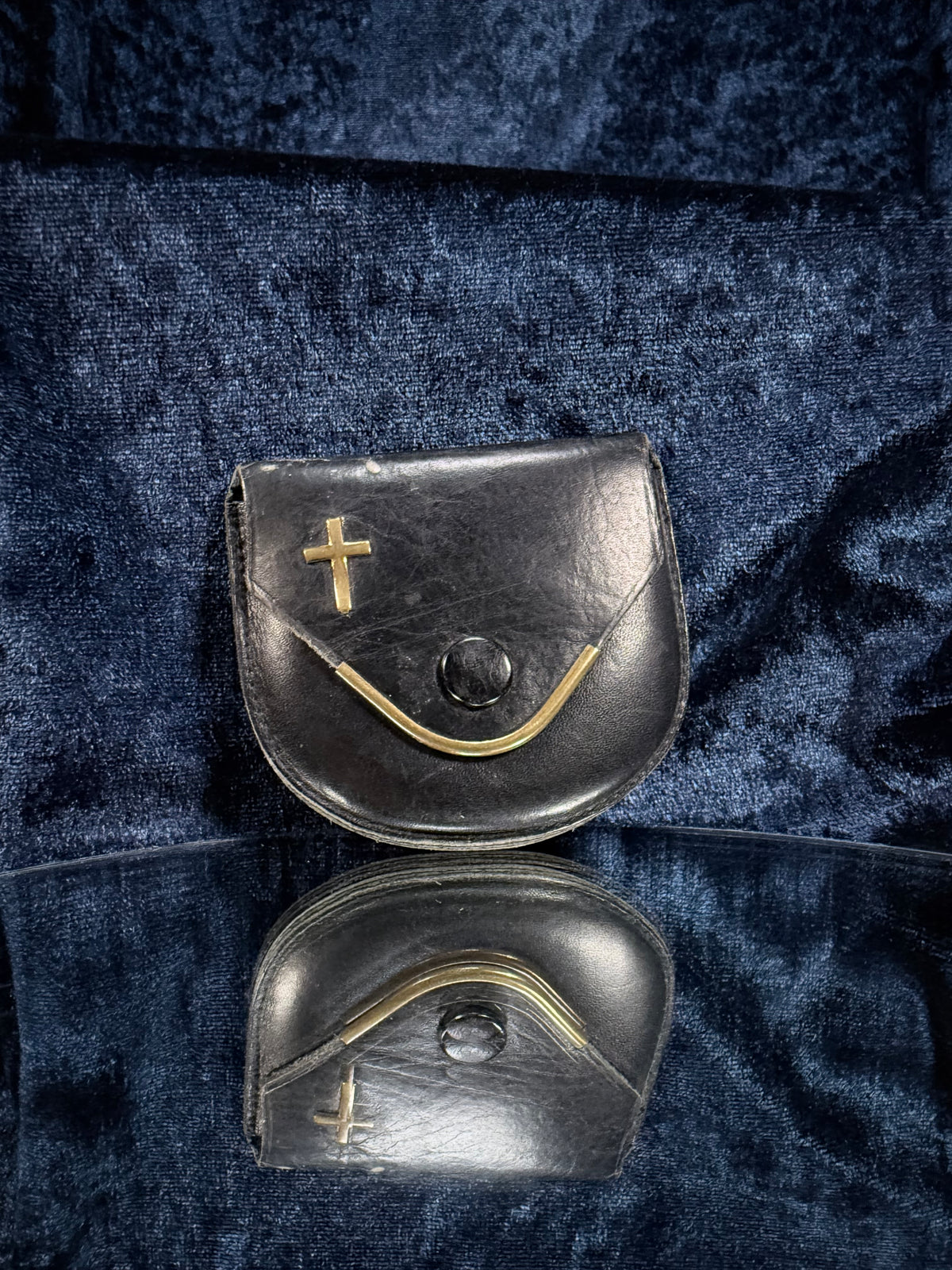 Vintage Leather Rosary Pouch - Brass Inlaid Edging and Cross