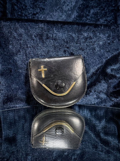 Vintage Leather Rosary Pouch - Brass Inlaid Edging and Cross