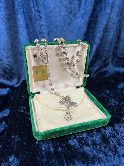 Vintage Guild Sterling Silver Ball Chain Rosary - Ornate Crucifix and Original Box