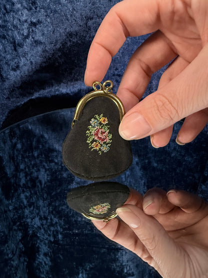 Vintage Fabric Pouch - Embroidered Floral Panel and Brass Kiss Closure