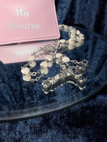 Vintage Heart Bead Rosary - Pink Case and Religious Jewelry