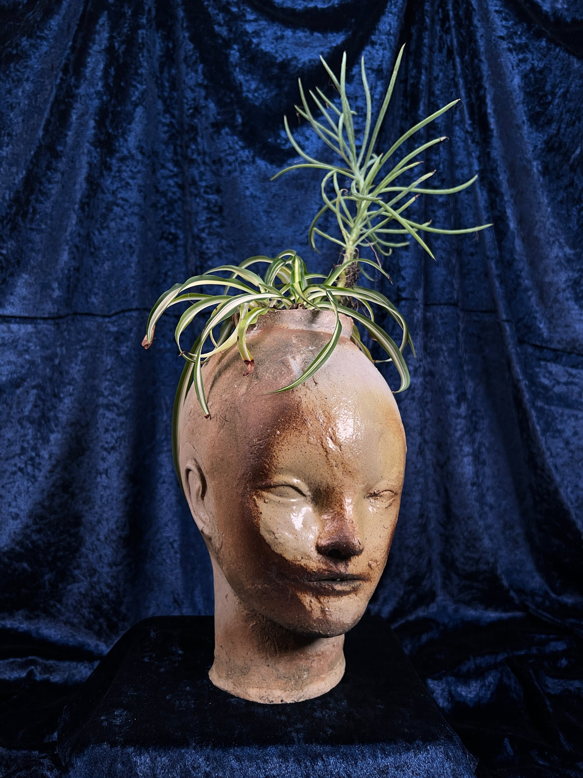 Vintage Stoneware Head Planter - Sculptural Human Face Ceramic Vase
