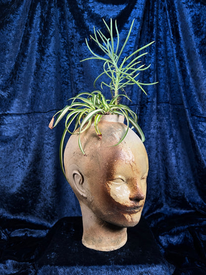 Vintage Stoneware Head Planter - Sculptural Human Face Ceramic Vase