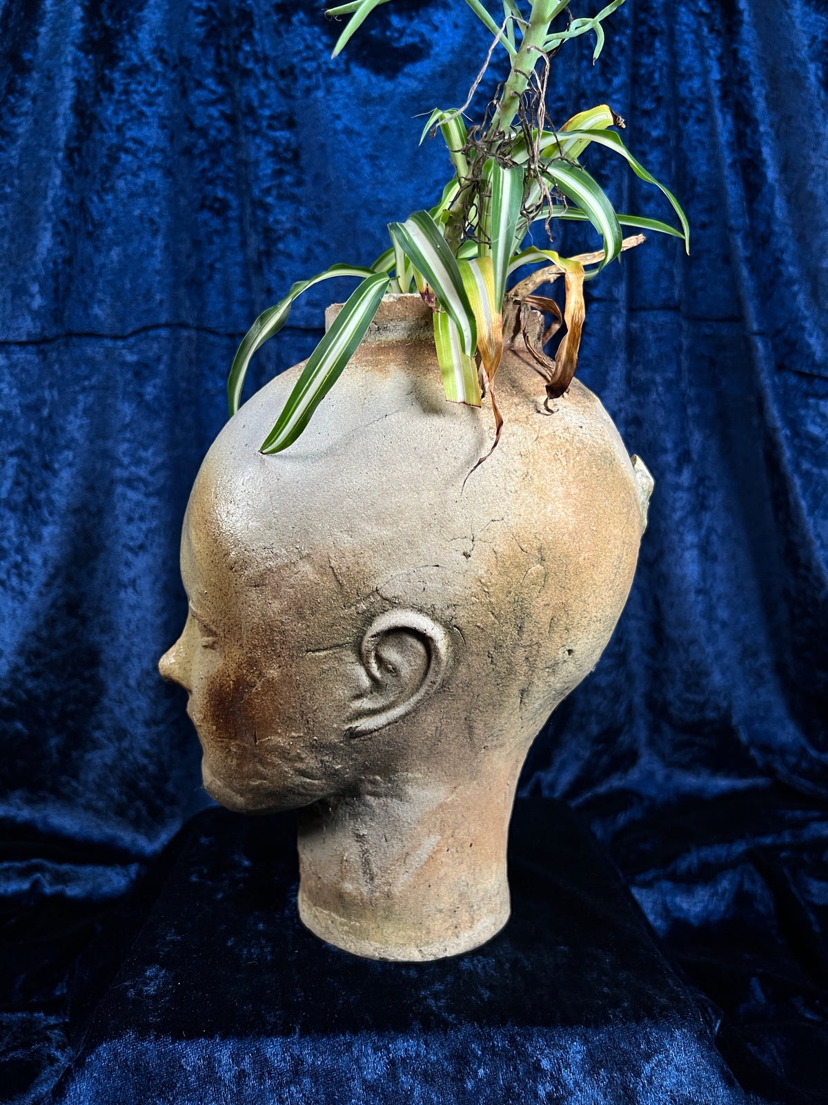 Vintage Stoneware Head Planter - Sculptural Human Face Ceramic Vase