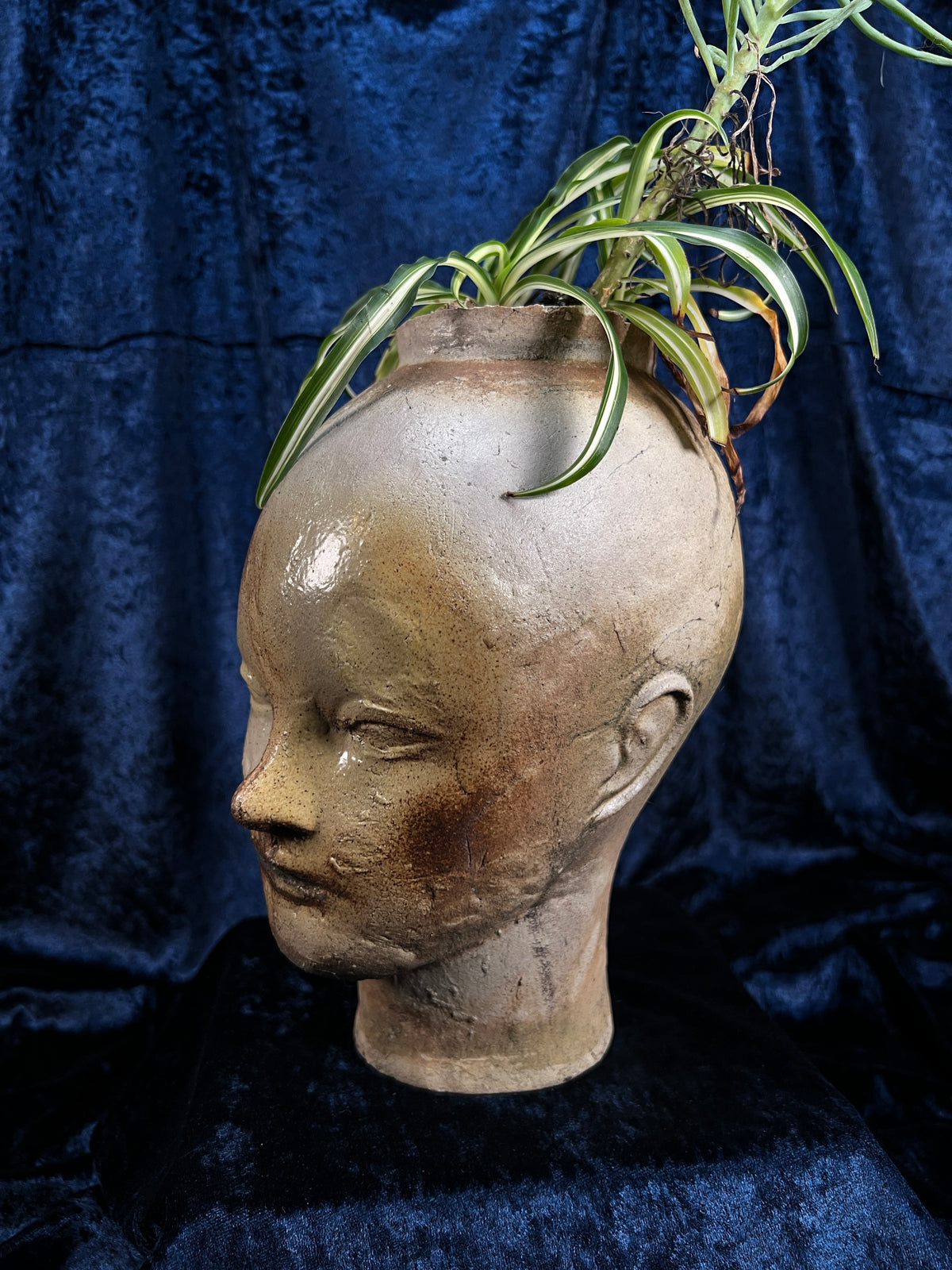 Vintage Stoneware Head Planter - Sculptural Human Face Ceramic Vase