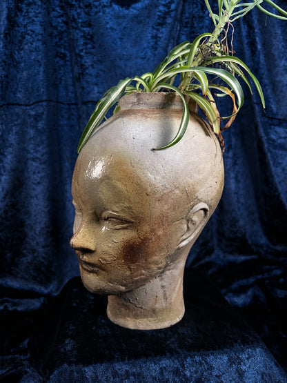 Vintage Stoneware Head Planter - Sculptural Human Face Ceramic Vase