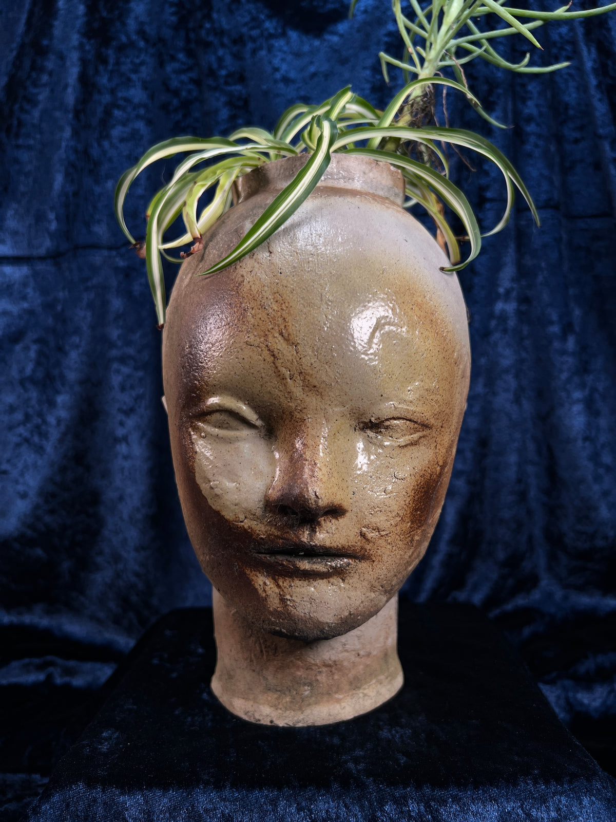 Vintage Stoneware Head Planter - Sculptural Human Face Ceramic Vase
