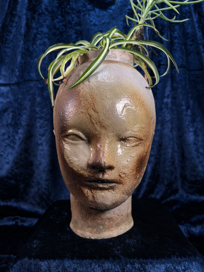 Vintage Stoneware Head Planter - Sculptural Human Face Ceramic Vase