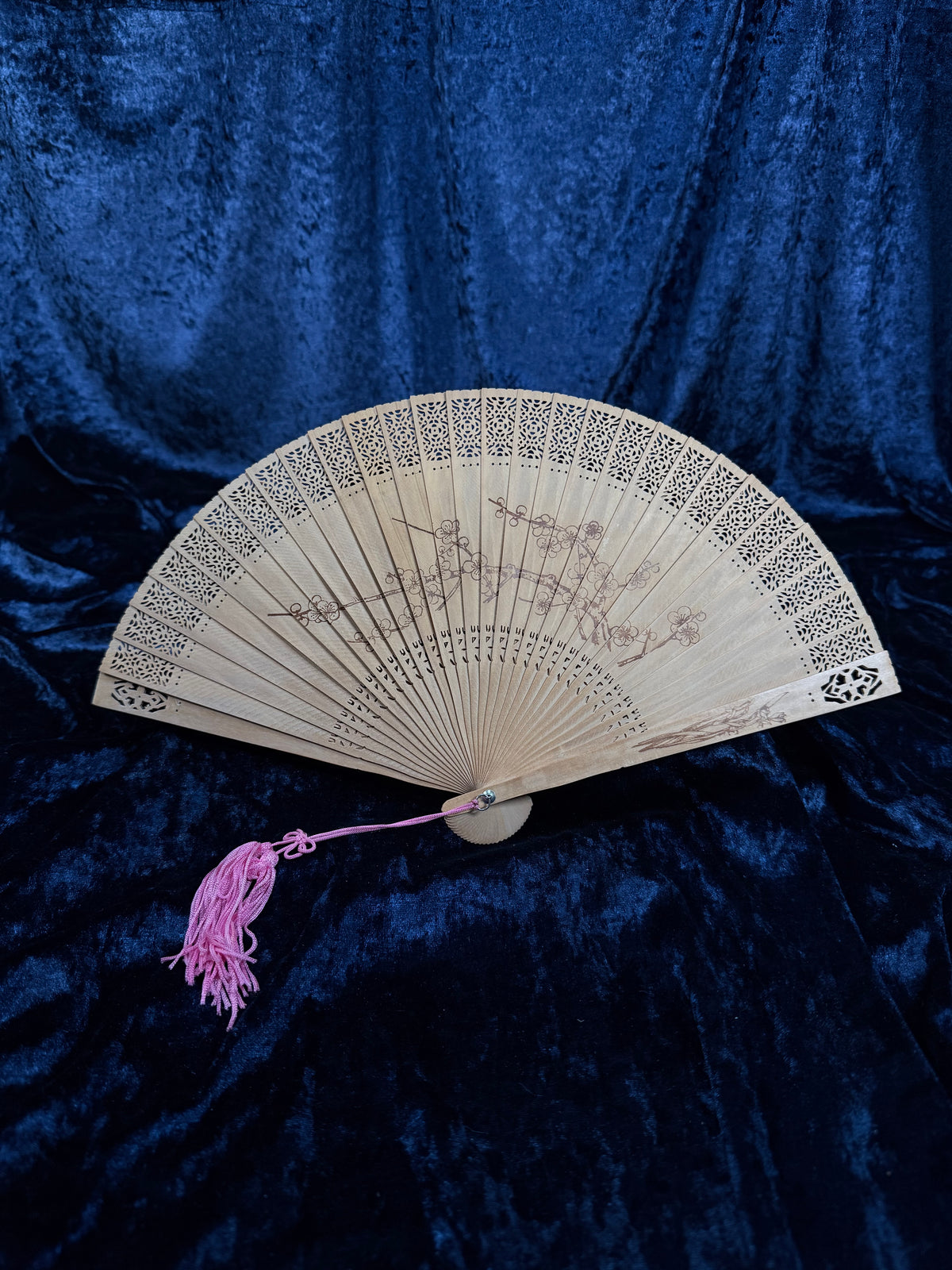 Vintage Wood Fan - Pierced Lacework and Scenic Folding Hand Fan
