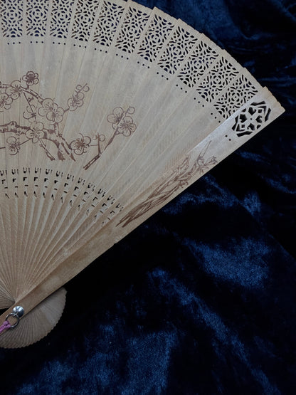 Vintage Wood Fan - Pierced Lacework and Scenic Folding Hand Fan