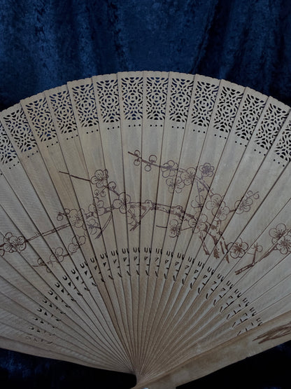 Vintage Wood Fan - Pierced Lacework and Scenic Folding Hand Fan