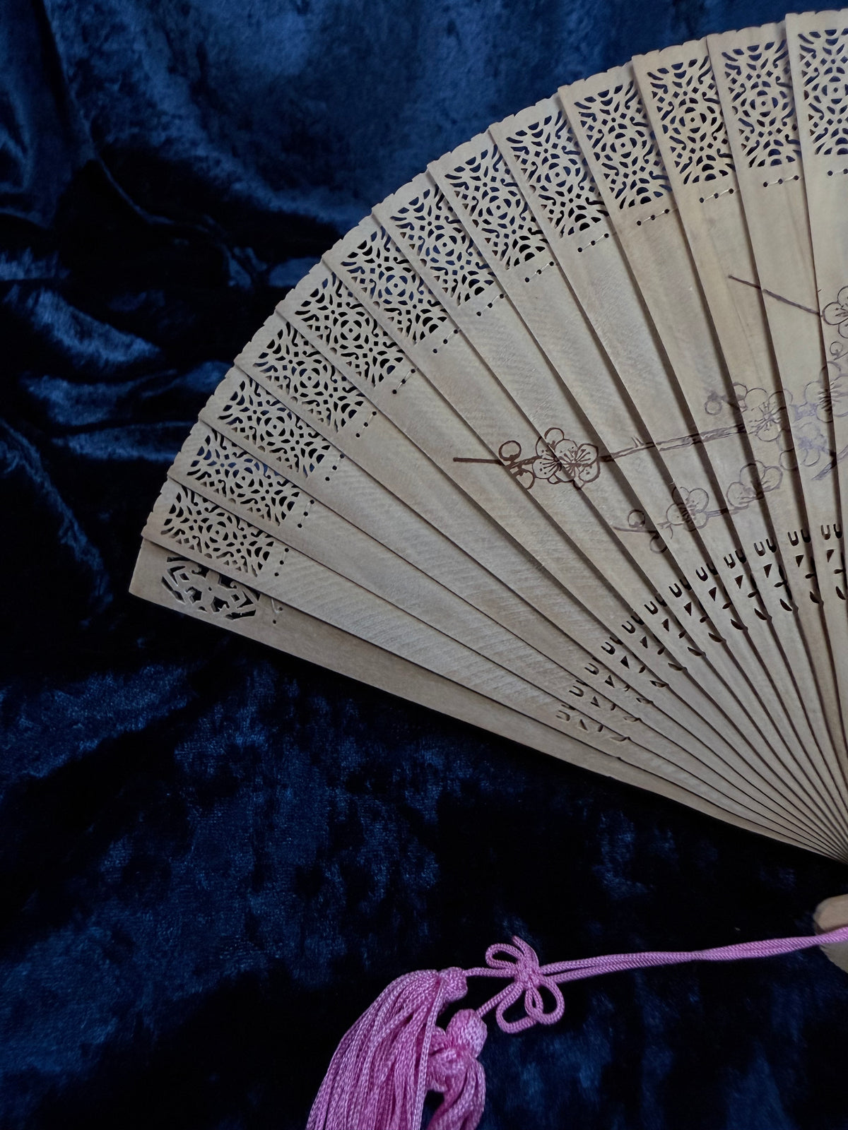 Vintage Wood Fan - Pierced Lacework and Scenic Folding Hand Fan