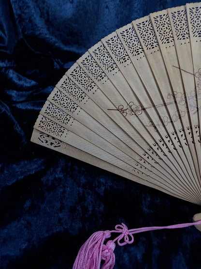 Vintage Wood Fan - Pierced Lacework and Scenic Folding Hand Fan