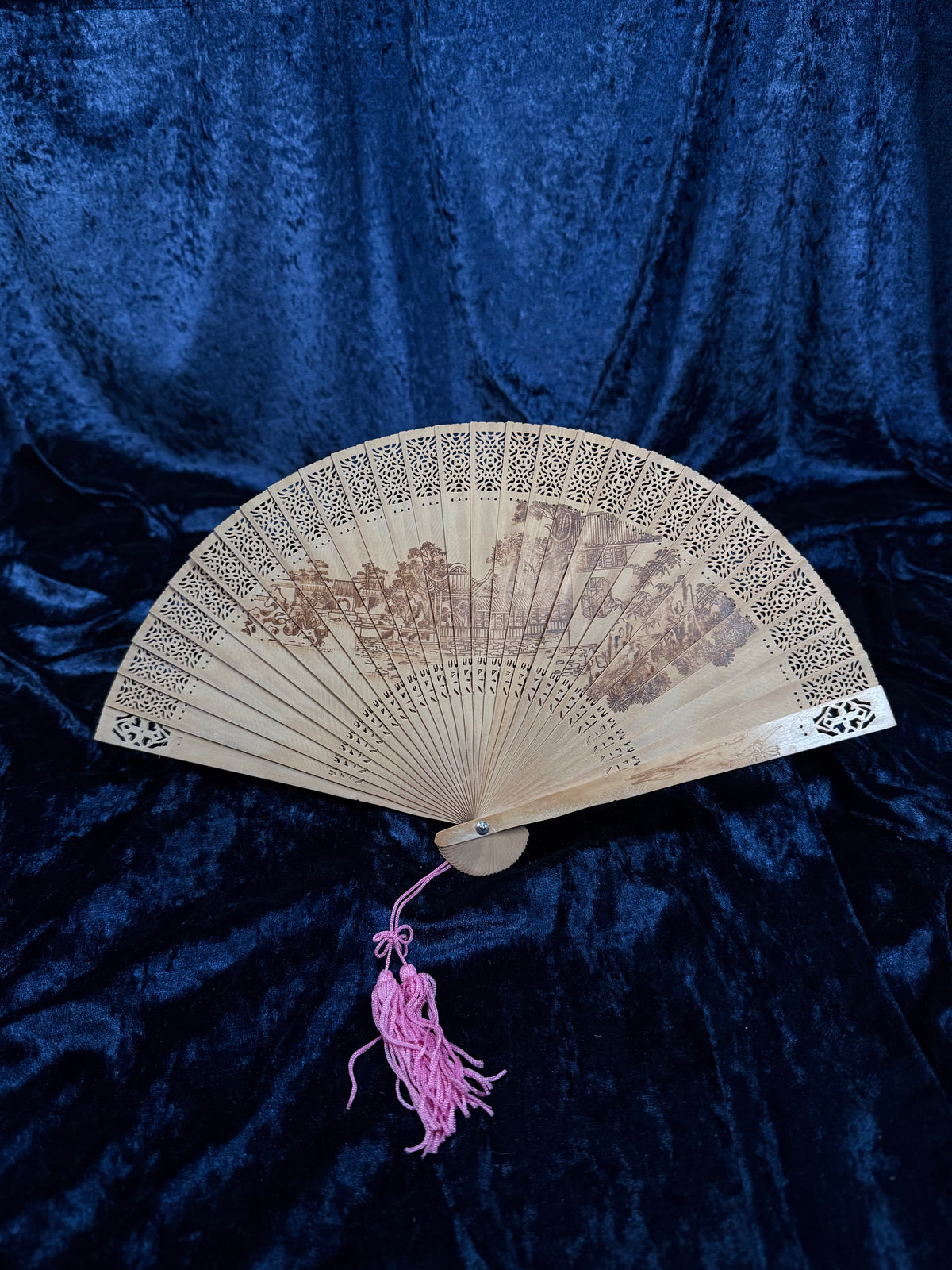 Vintage Wood Fan - Pierced Lacework and Scenic Folding Hand Fan
