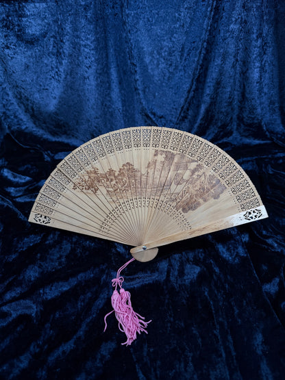 Vintage Wood Fan - Pierced Lacework and Scenic Folding Hand Fan