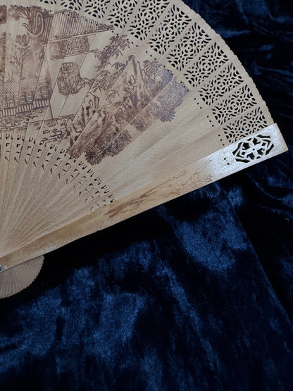 Vintage Wood Fan - Pierced Lacework and Scenic Folding Hand Fan