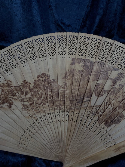 Vintage Wood Fan - Pierced Lacework and Scenic Folding Hand Fan