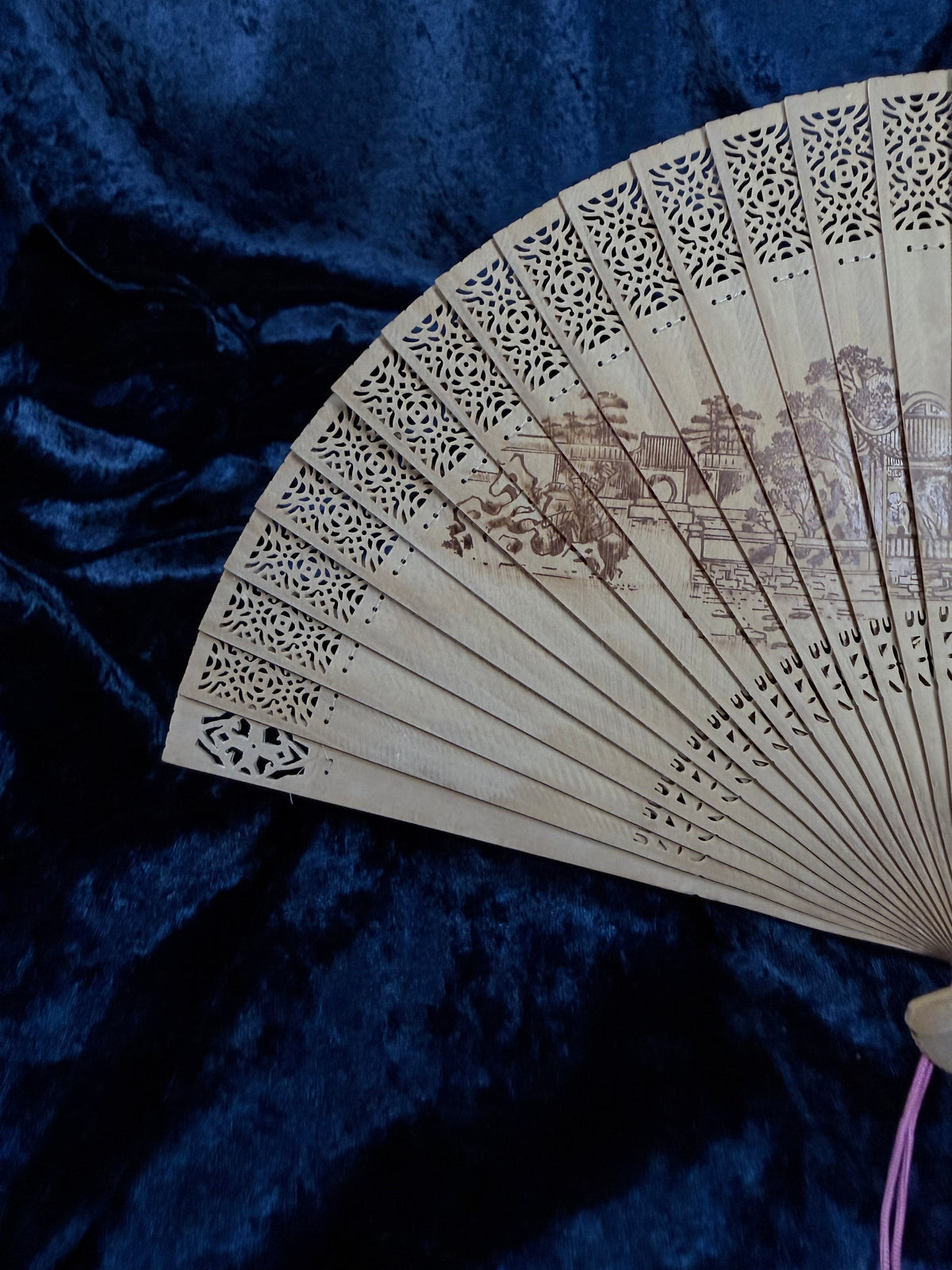 Vintage Wood Fan - Pierced Lacework and Scenic Folding Hand Fan