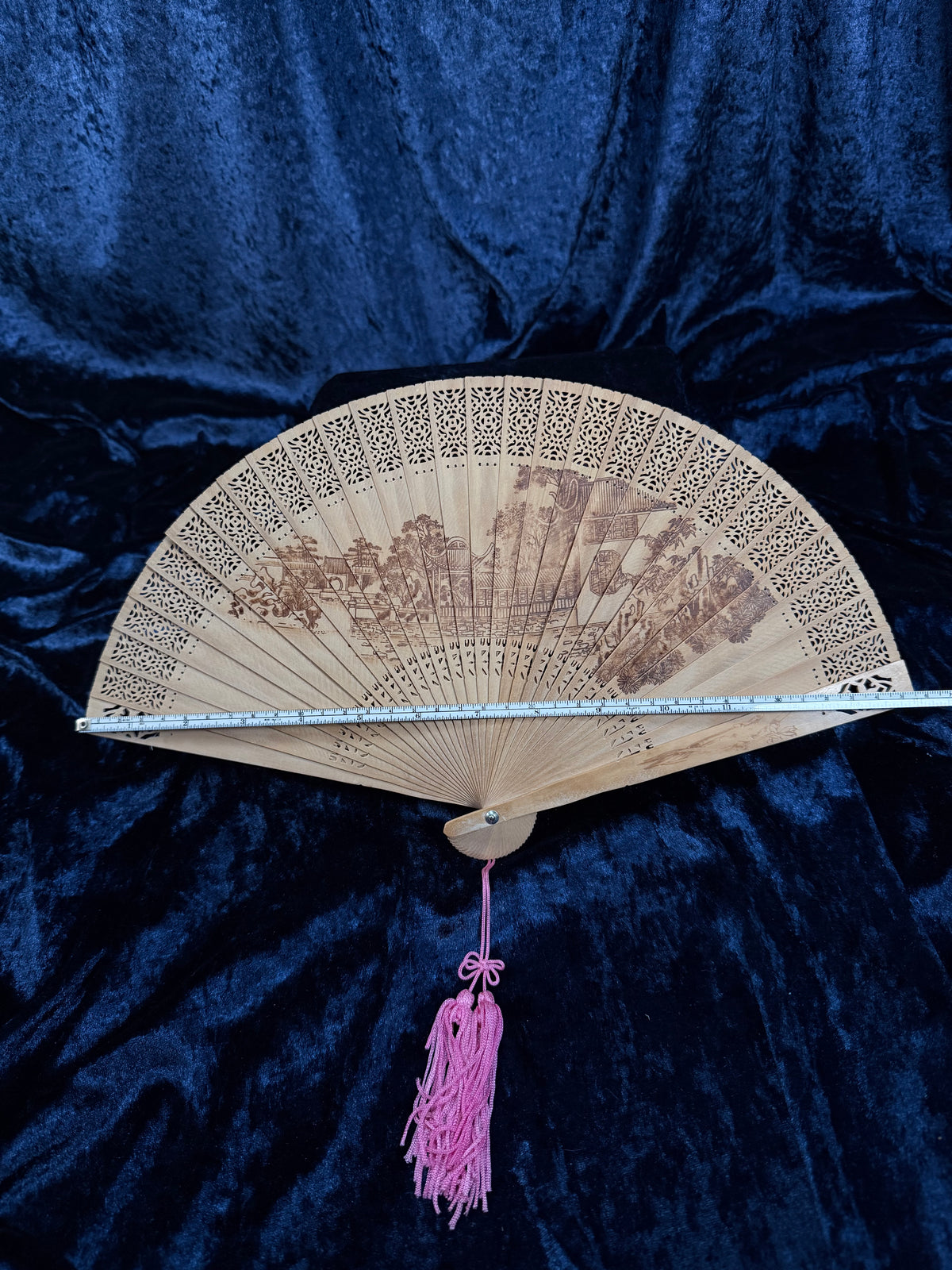 Vintage Wood Fan - Pierced Lacework and Scenic Folding Hand Fan