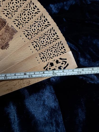 Vintage Wood Fan - Pierced Lacework and Scenic Folding Hand Fan