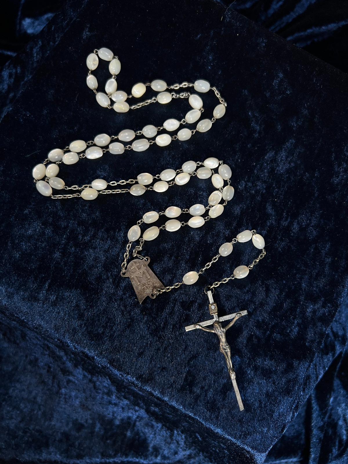 Vintage White Tigers Eye Beaded Rosary - Silver Tone Crucifix Pendant and Ave Maria Medal