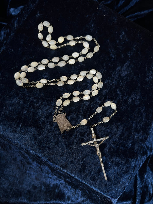 Vintage White Tigers Eye Beaded Rosary - Silver Tone Crucifix Pendant and Ave Maria Medal