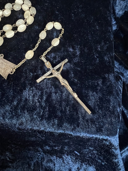 Vintage White Tigers Eye Beaded Rosary - Silver Tone Crucifix Pendant and Ave Maria Medal