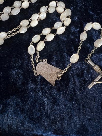 Vintage White Tigers Eye Beaded Rosary - Silver Tone Crucifix Pendant and Ave Maria Medal