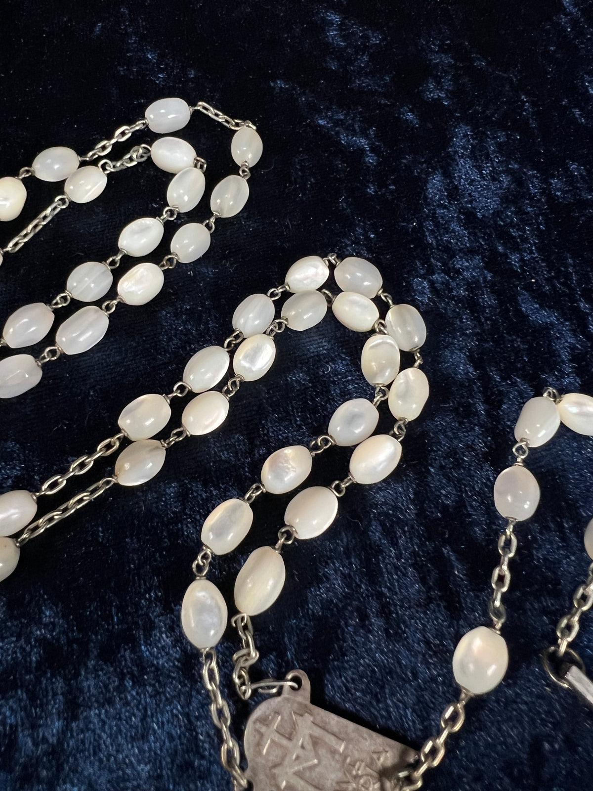 Vintage White Tigers Eye Beaded Rosary - Silver Tone Crucifix Pendant and Ave Maria Medal