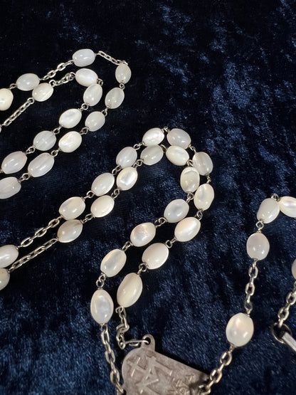 Vintage White Tigers Eye Beaded Rosary - Silver Tone Crucifix Pendant and Ave Maria Medal