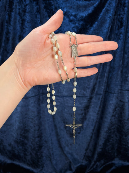 Vintage White Tigers Eye Beaded Rosary - Silver Tone Crucifix Pendant and Ave Maria Medal