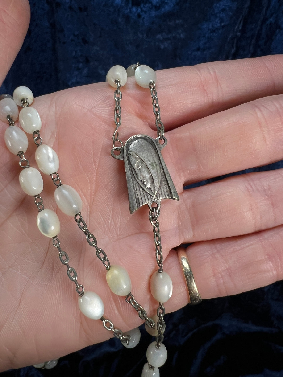 Vintage White Tigers Eye Beaded Rosary - Silver Tone Crucifix Pendant and Ave Maria Medal