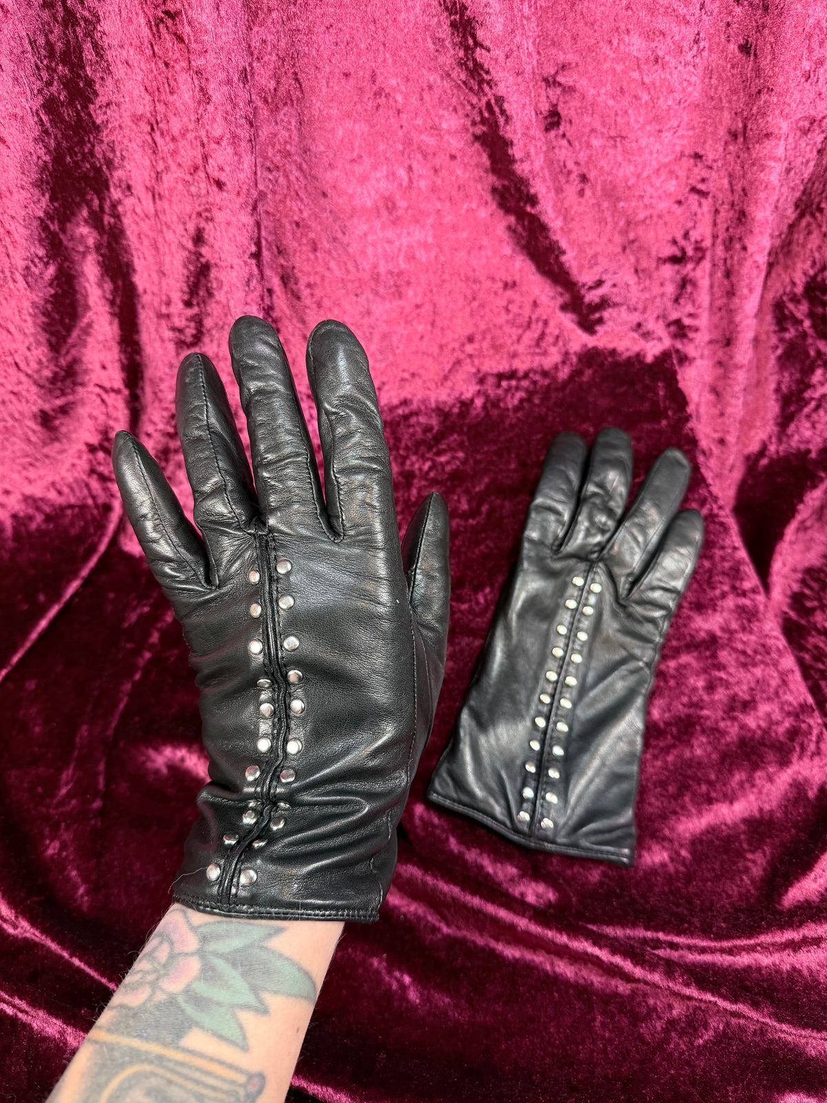 Vintage Black Leather Gloves - Michael Kors Studded Design - Medium