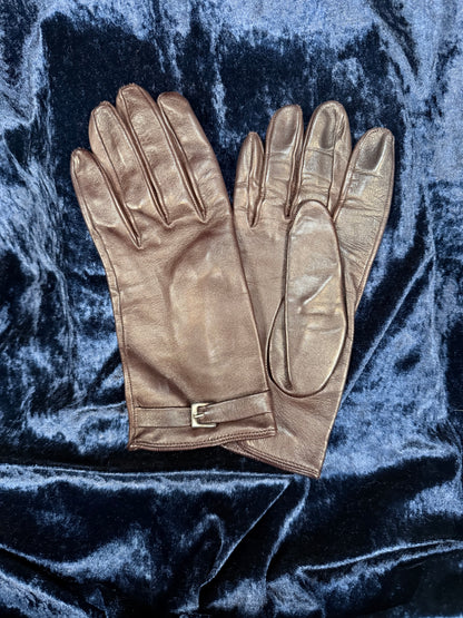 Vintage Saks Fifth Avenue Brown Leather Gloves - Buckled Cuffs - Size 8