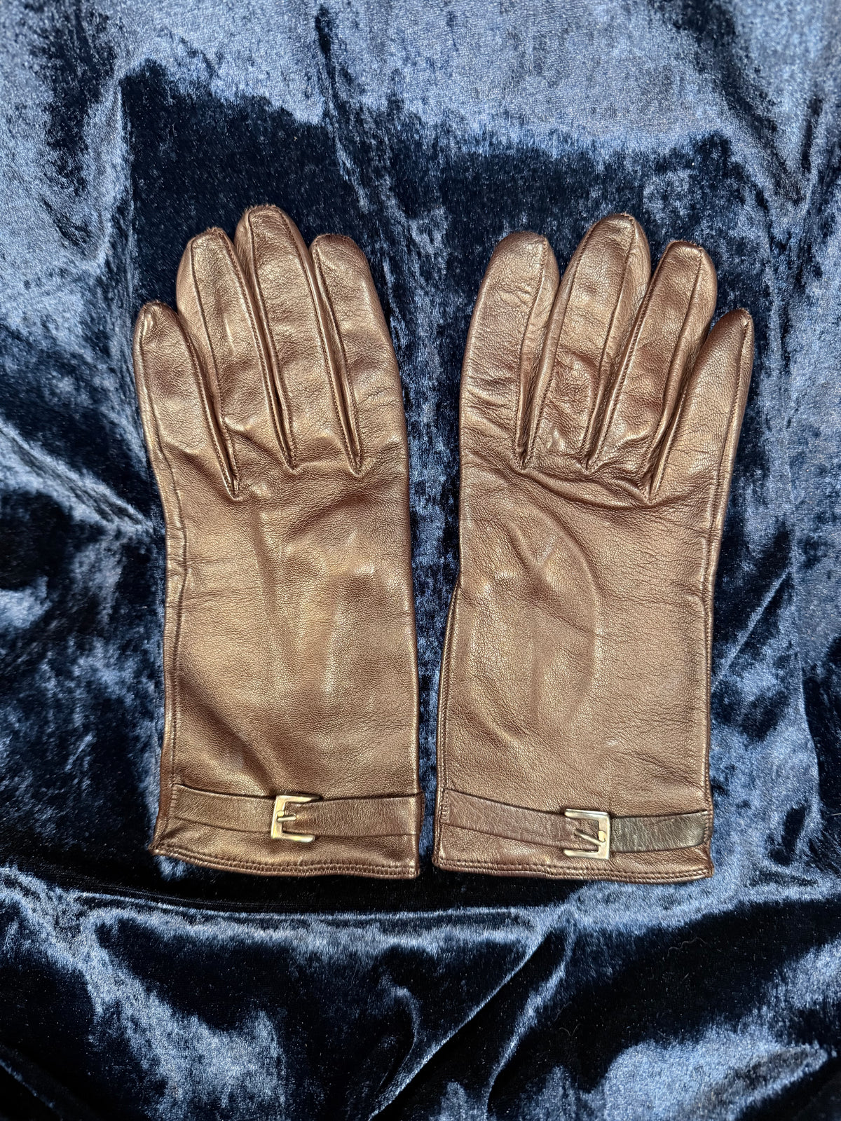 Vintage Saks Fifth Avenue Brown Leather Gloves - Buckled Cuffs - Size 8