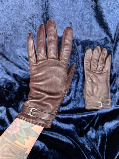 Vintage Saks Fifth Avenue Brown Leather Gloves - Buckled Cuffs - Size 8