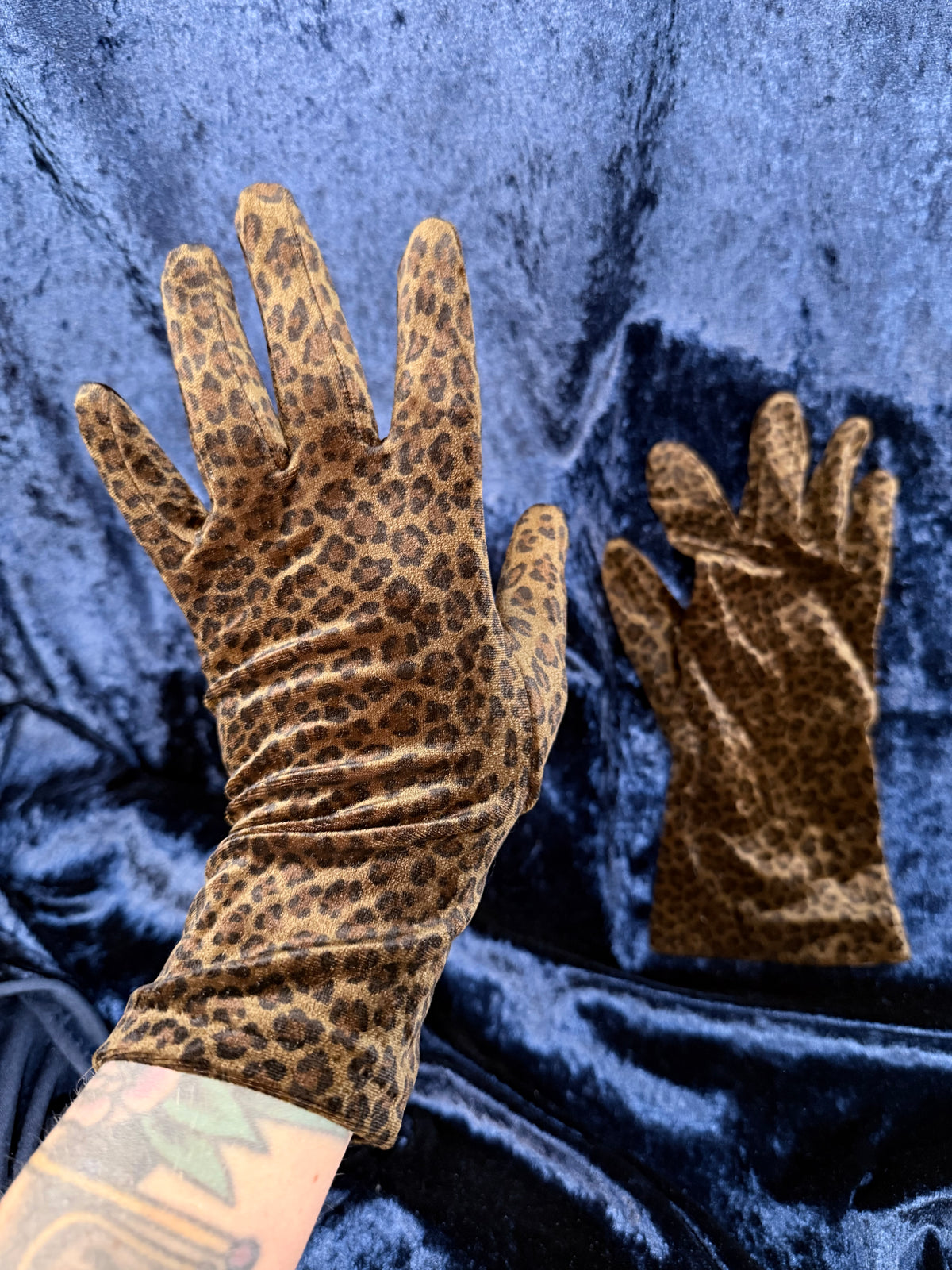 Vintage Leopard Print Velvet Gloves - Stretch-to-Fit Pair by Shaneen Huxham