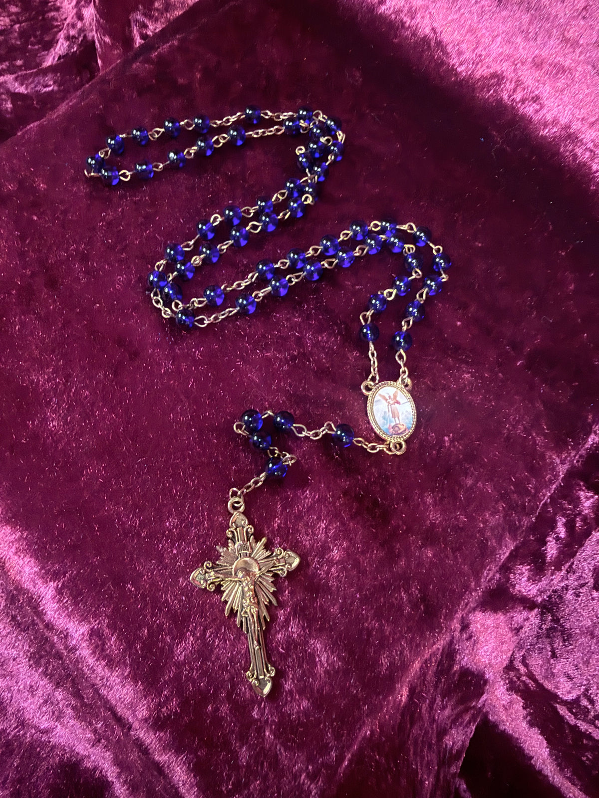 Vintage Rosary - Ornate Gold Tone Saint Michael Pendant with Blue Beads