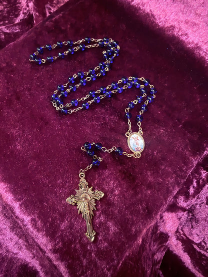 Vintage Rosary - Ornate Gold Tone Saint Michael Pendant with Blue Beads
